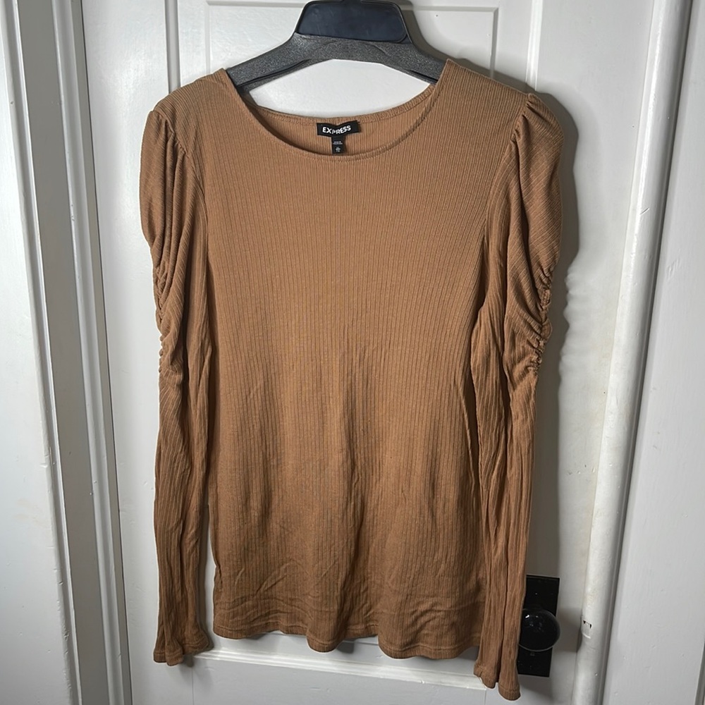 Lightweight tan sweater with special sleeve accents